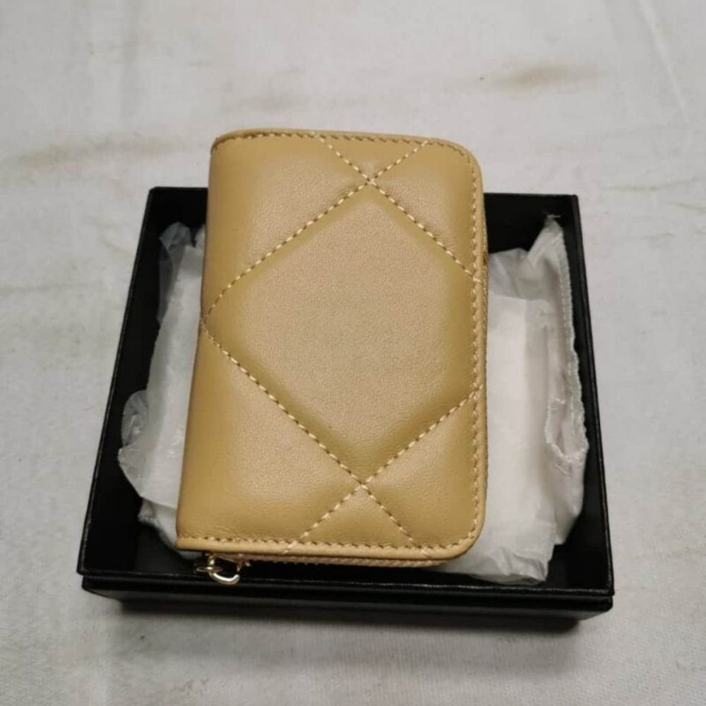Chanel 19 Card Holder With Zipper Leather Beige Wallet