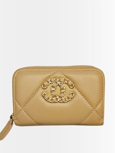 Chanel 19 Card Holder With Zipper Leather Beige Wallet