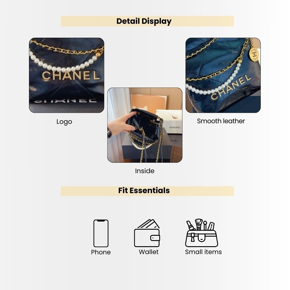 Chanel 22 Mini Handbag Shiny Crystal Pearls Gold Tone Metal Black 22Cm AS3980 B10672 94305