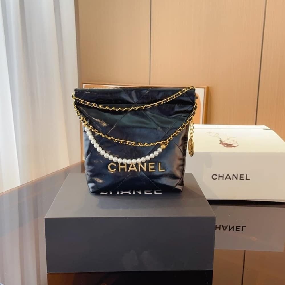 Chanel 22 Mini Handbag Shiny Crystal Pearls Gold Tone Metal Black 22Cm AS3980 B10672 94305