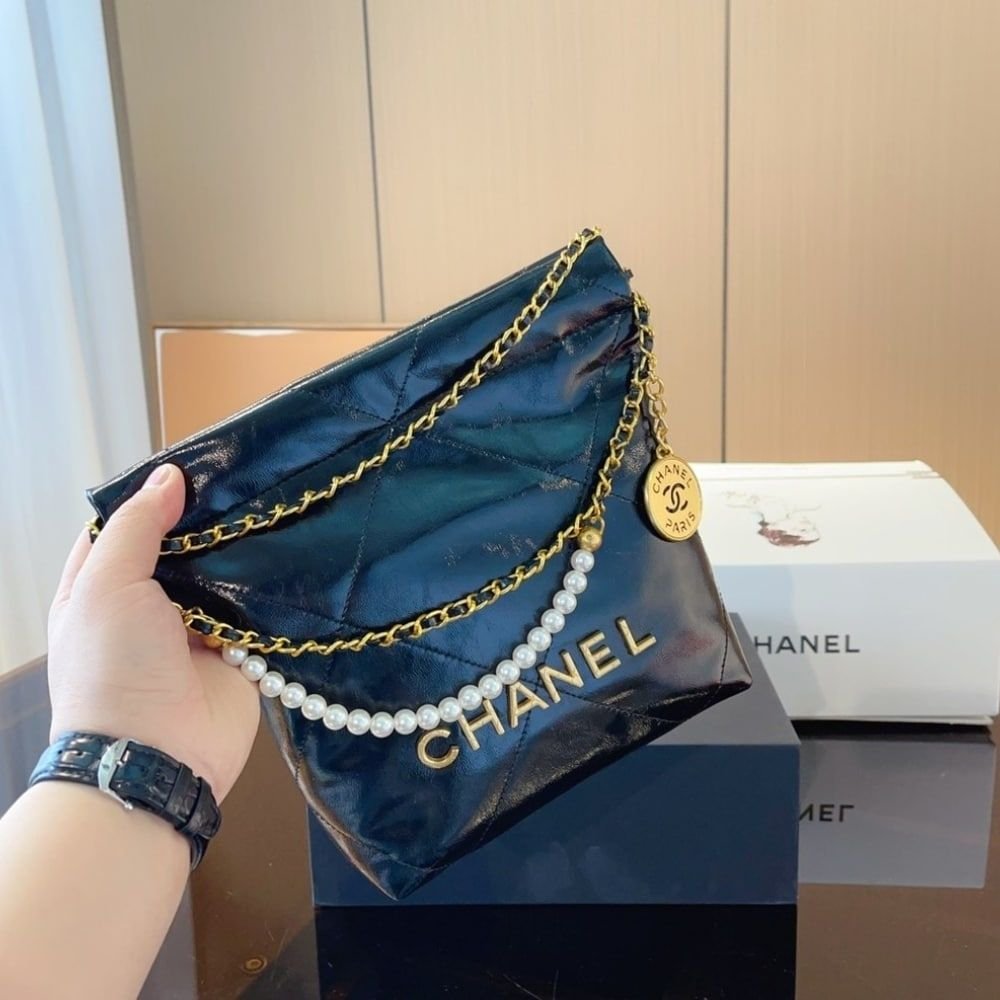 Chanel 22 Mini Handbag Shiny Crystal Pearls Gold Tone Metal Black 22Cm AS3980 B10672 94305