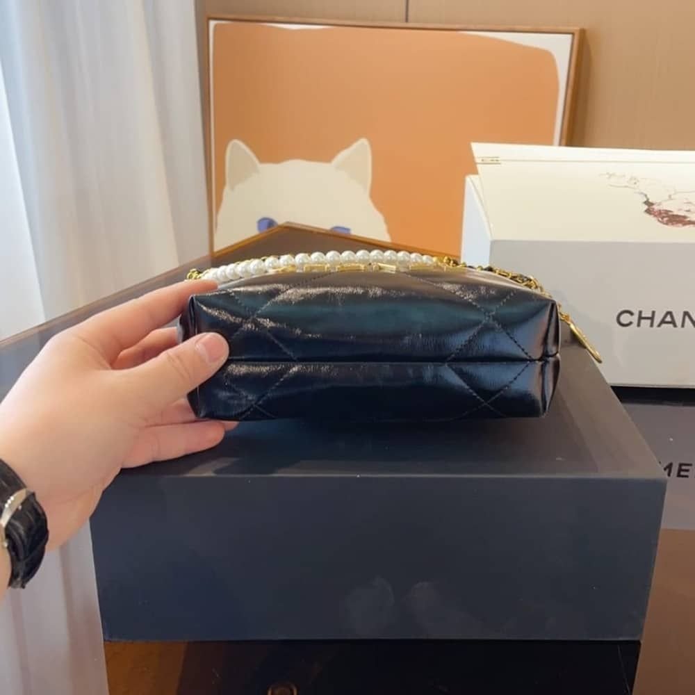 Chanel 22 Mini Handbag Shiny Crystal Pearls Gold Tone Metal Black 22Cm AS3980 B10672 94305