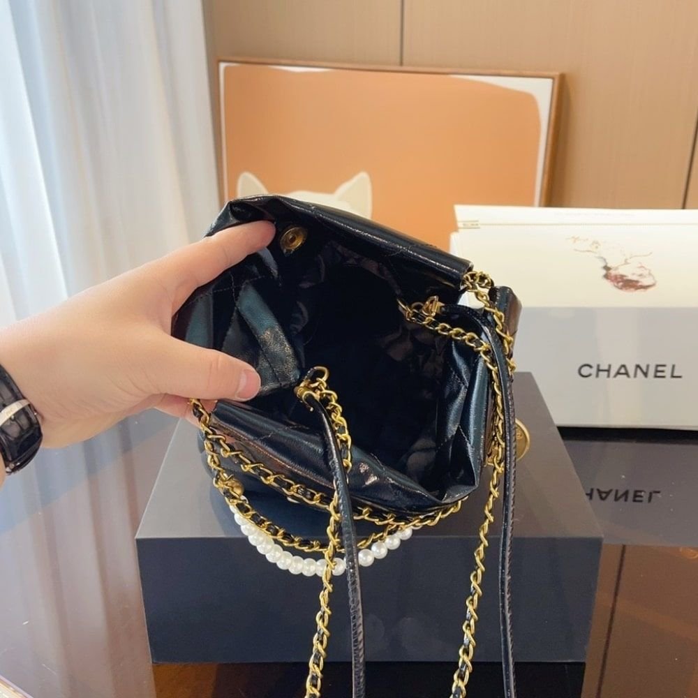 Chanel 22 Mini Handbag Shiny Crystal Pearls Gold Tone Metal Black 22Cm AS3980 B10672 94305