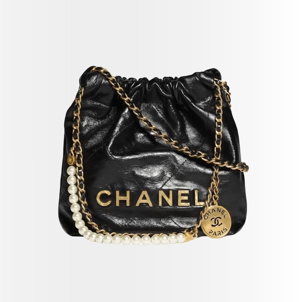 Chanel 22 Mini Handbag Shiny Crystal Pearls Gold Tone Metal Black 22Cm AS3980 B10672 94305