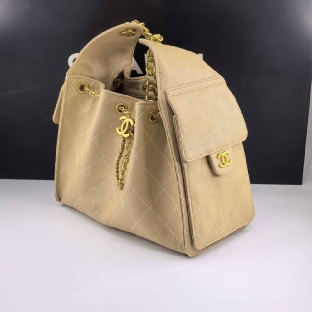 Chanel 25 Small Handbag Grained And Gold Tone Metal Beige 26Cm