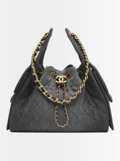 Chanel 25 Small Handbag Grained And Gold Tone Metal Washed Denim Black 26Cm AS5293 B20520 U0725