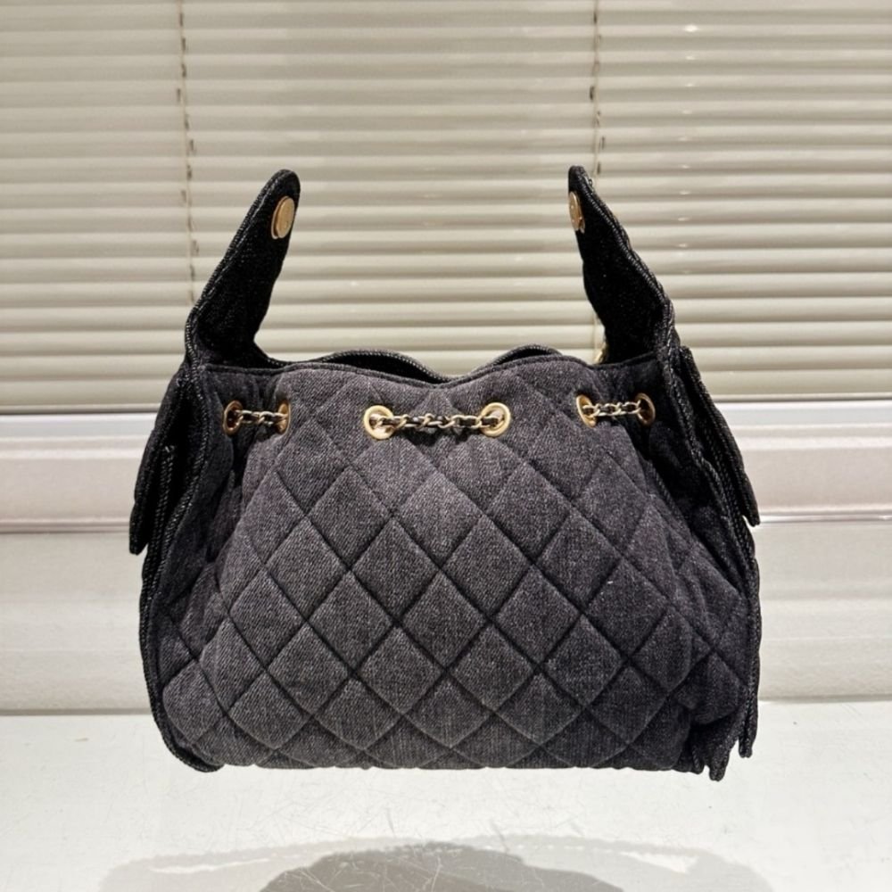Chanel 25 Small Handbag Grained And Gold Tone Metal Washed Denim Black 26Cm AS5293 B20520 U0725