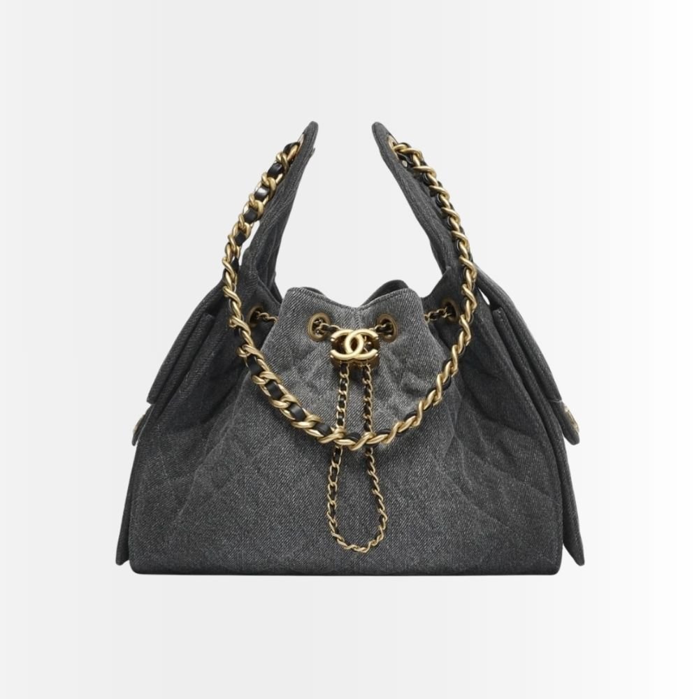 Chanel 25 Small Handbag Grained And Gold Tone Metal Washed Denim Black 26Cm AS5293 B20520 U0725