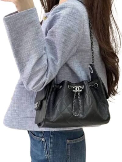 Chanel 25 Small Handbag Silver Metal Black 22cm