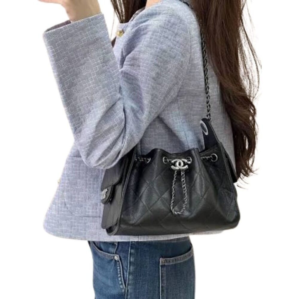 Chanel 25 Small Handbag Silver Metal Black 22cm