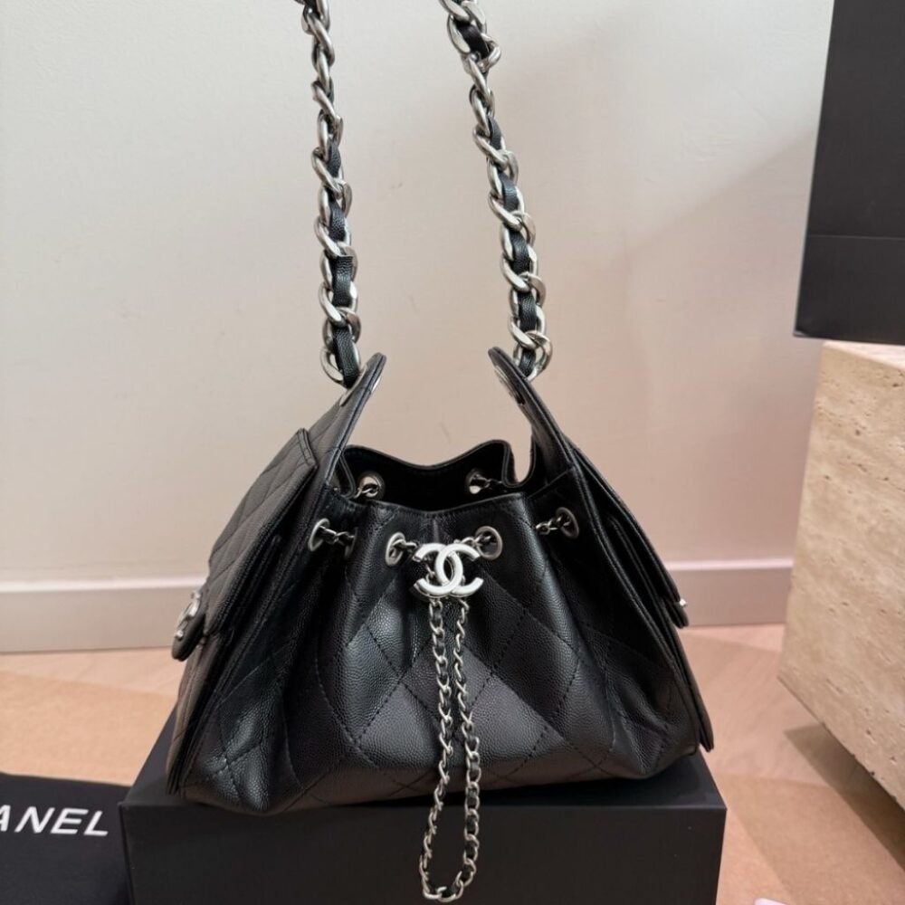 Chanel 25 Small Handbag Silver Metal Black 22cm