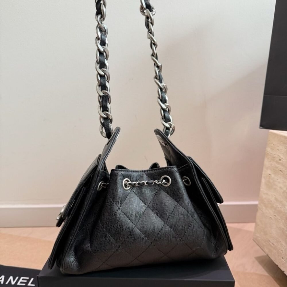 Chanel 25 Small Handbag Silver Metal Black 22cm