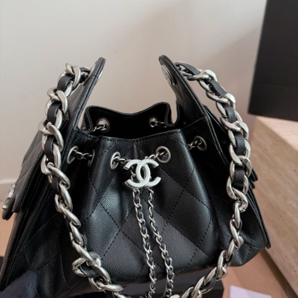 Chanel 25 Small Handbag Silver Metal Black 22cm