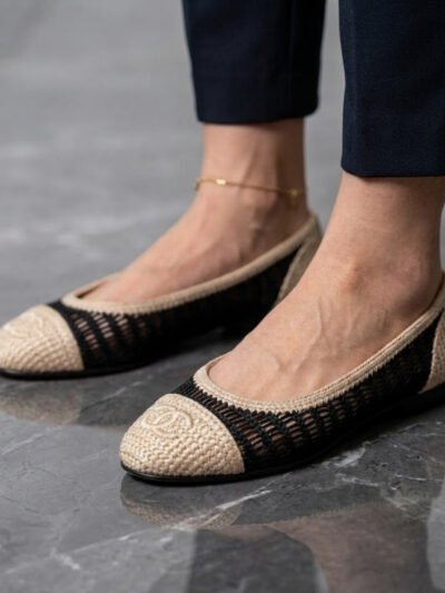 Chanel Ballet Flats Raffia Black And Beige G46352 B19806 NAFBB