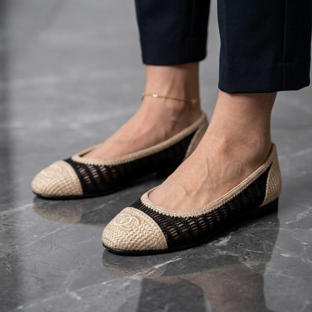 Chanel Ballet Flats Raffia Black And Beige G46352 B19806 NAFBB