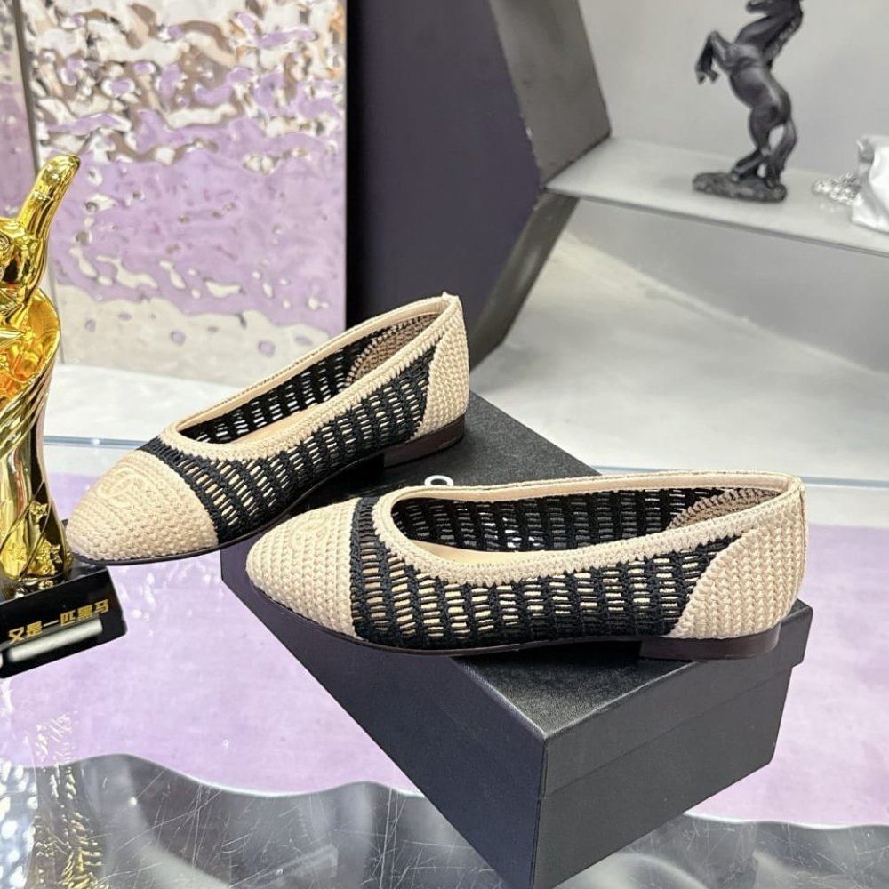 Chanel Ballet Flats Raffia Black And Beige G46352 B19806 NAFBB