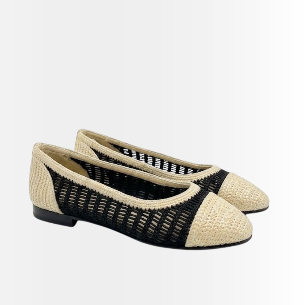 Chanel Ballet Flats Raffia Black And Beige G46352 B19806 NAFBB