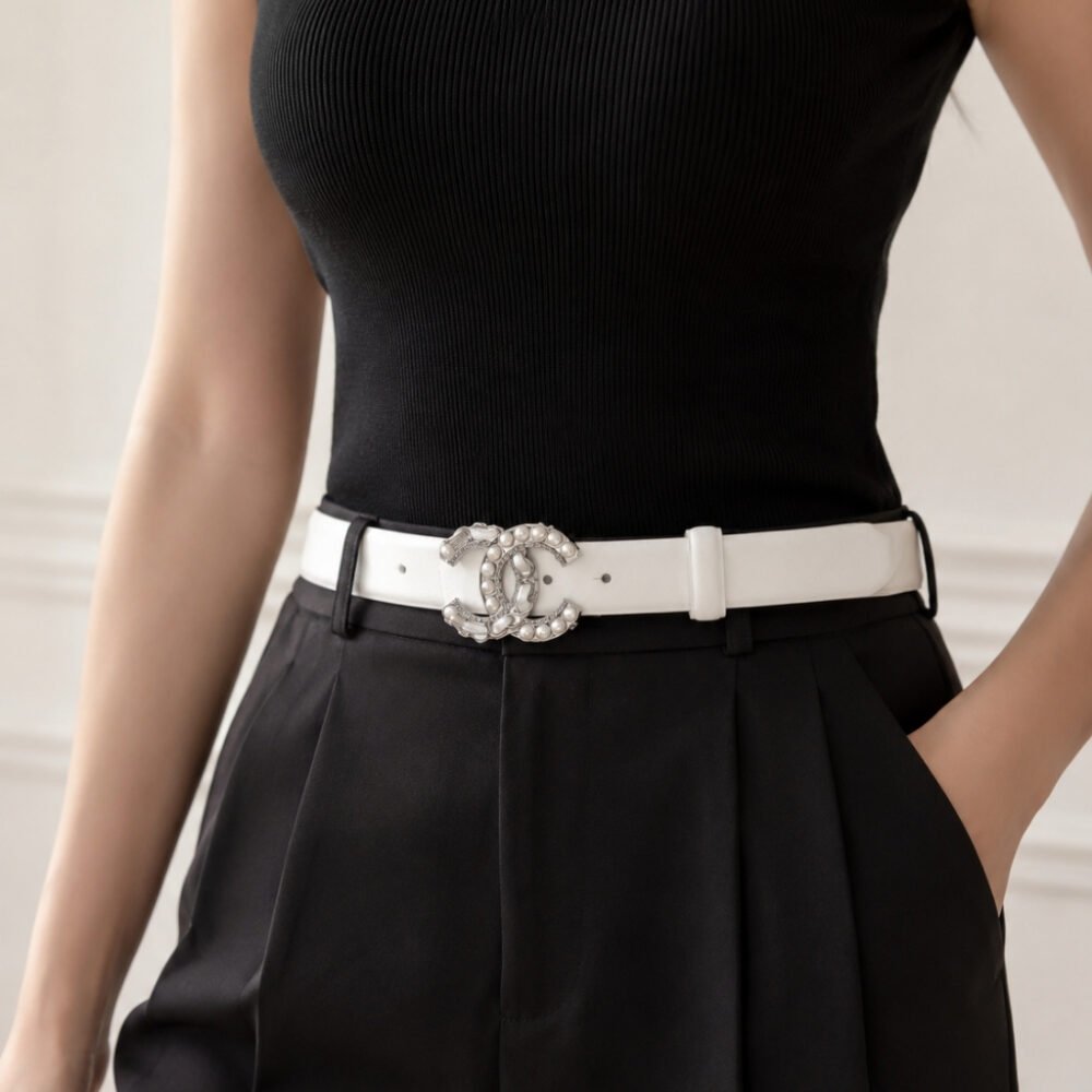 Chanel Belt CC Logo With Pearls Belt White 28mm