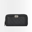Chanel Boy Long Zipped Wallet Silver Hardware Black 19Cm