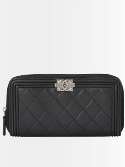 Chanel Boy Long Zipped Wallet Silver Hardware Black 19Cm
