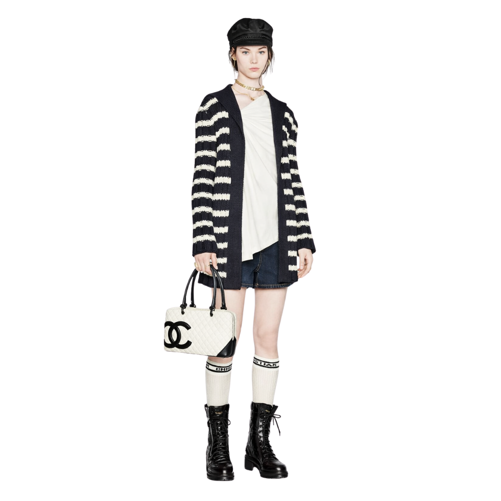 Chanel Cambon Bowler Bag Quilted Leather White And Black 26Cm