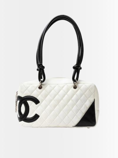 Chanel Cambon Bowler Bag Quilted Leather White And Black 26Cm