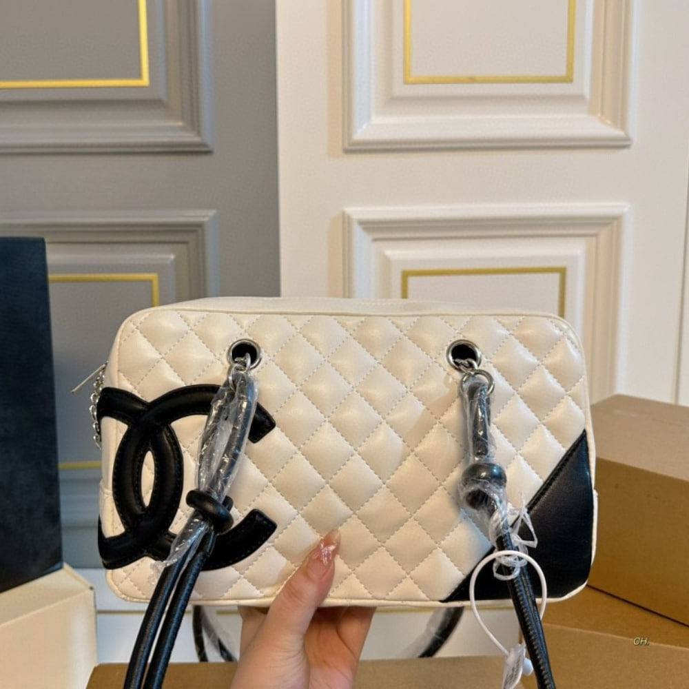 Chanel Cambon Bowler Bag Quilted Leather White And Black 26Cm
