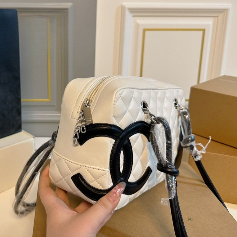 Chanel Cambon Bowler Bag Quilted Leather White And Black 26Cm