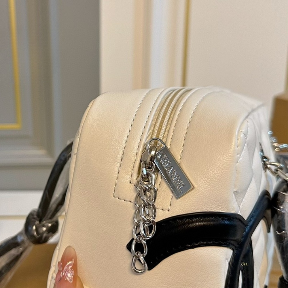 Chanel Cambon Bowler Bag Quilted Leather White And Black 26Cm