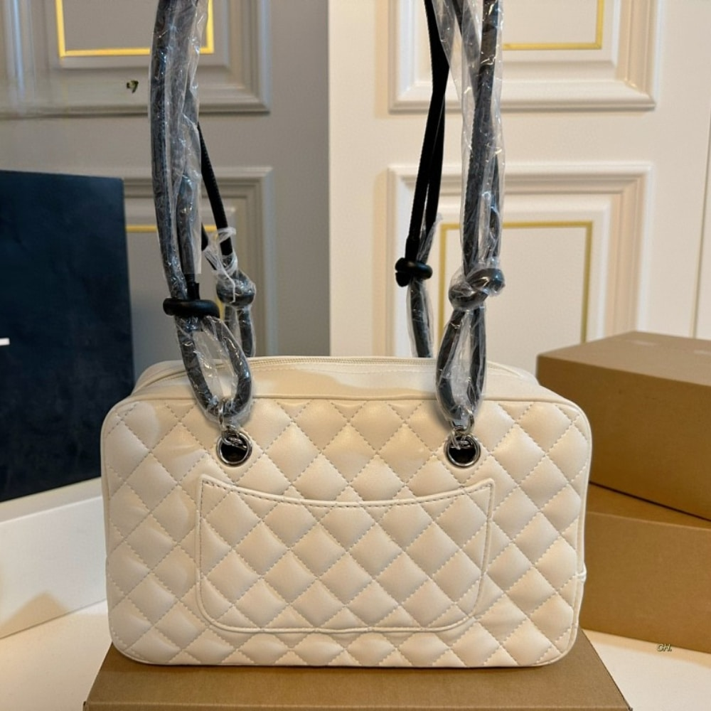 Chanel Cambon Bowler Bag Quilted Leather White And Black 26Cm
