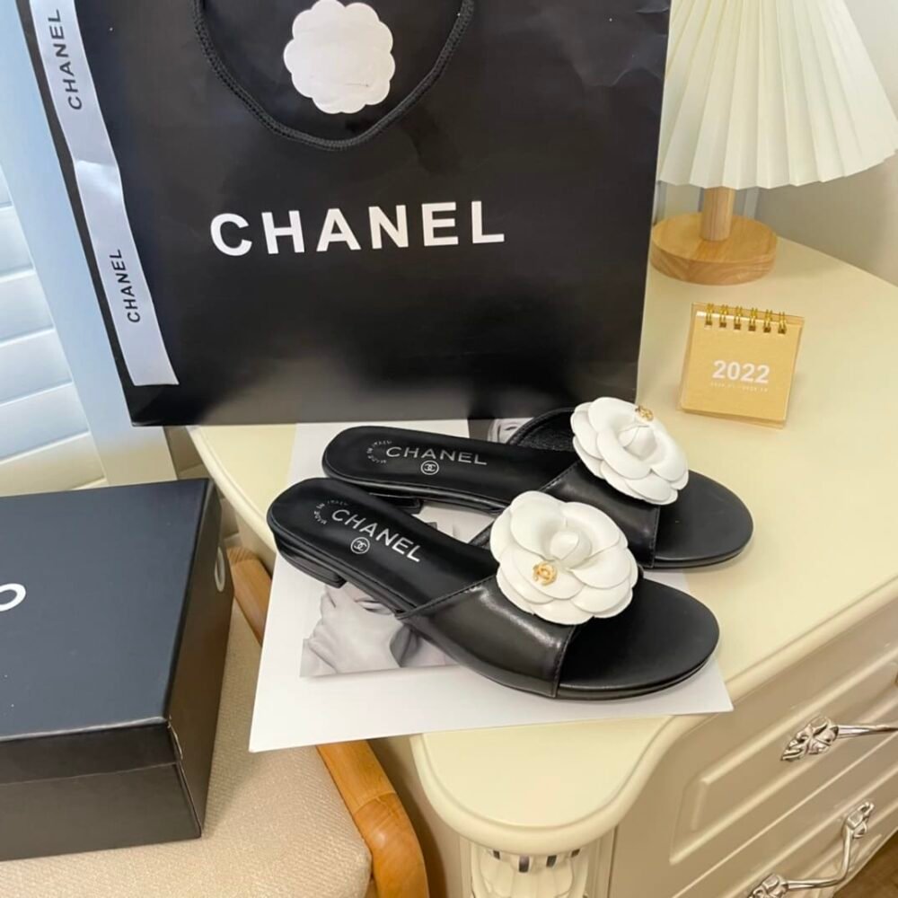 Chanel Camellia Slides Black