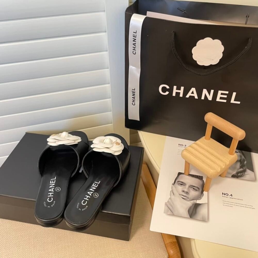 Chanel Camellia Slides Black