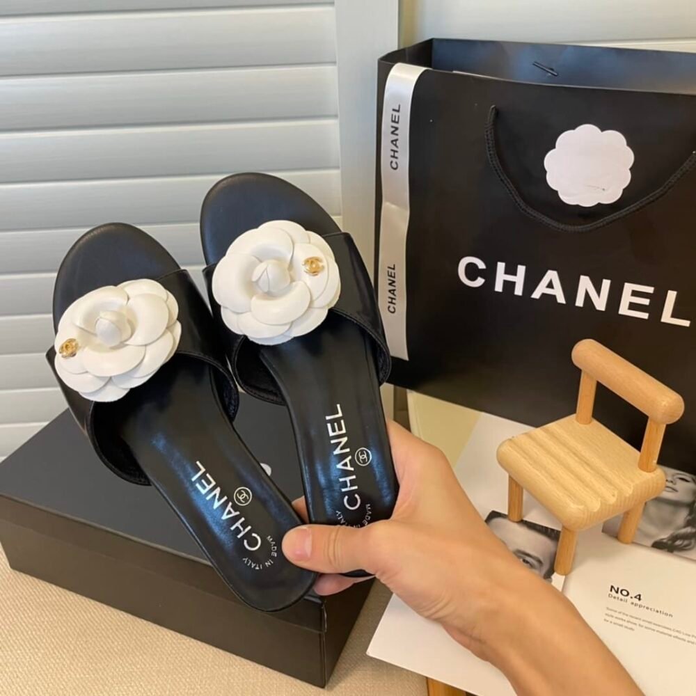 Chanel Camellia Slides Black