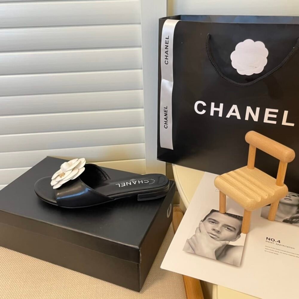 Chanel Camellia Slides Black