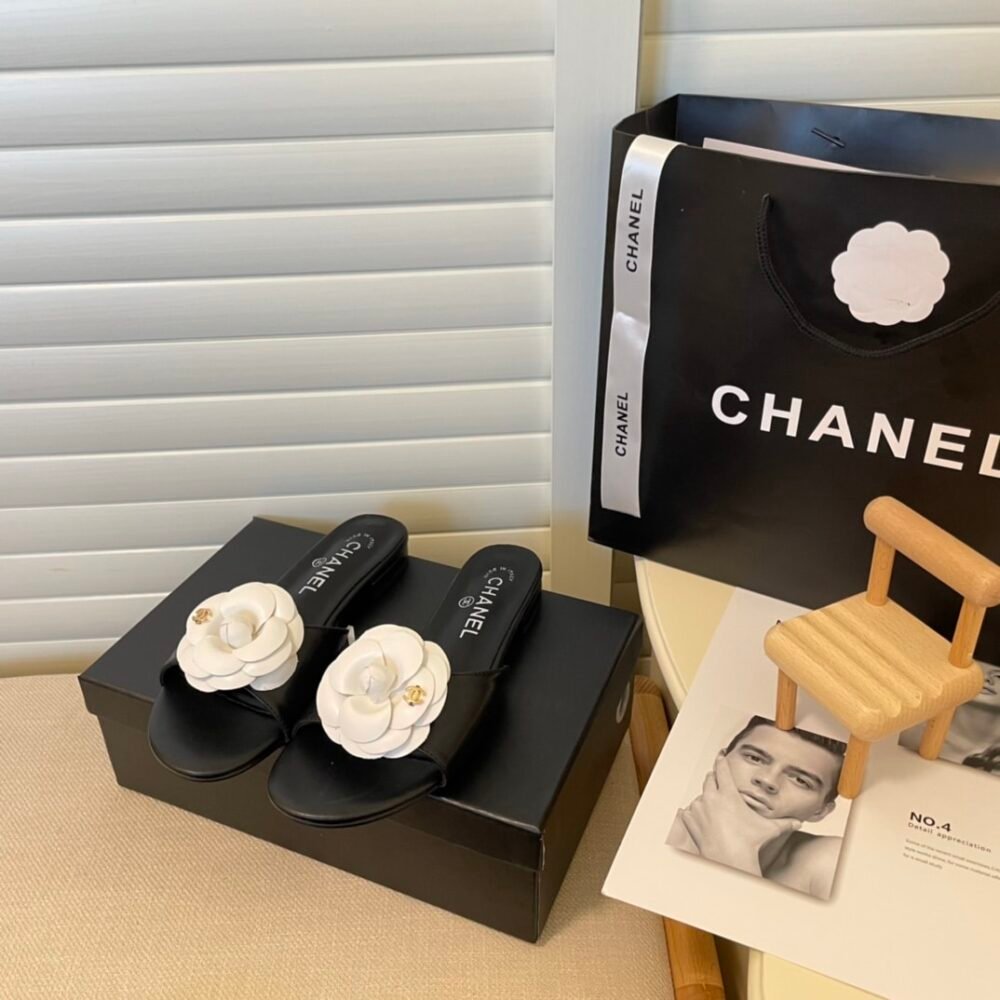 Chanel Camellia Slides Black