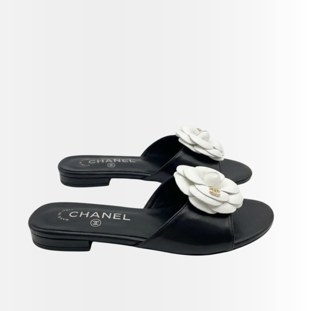 Chanel Camellia Slides Black