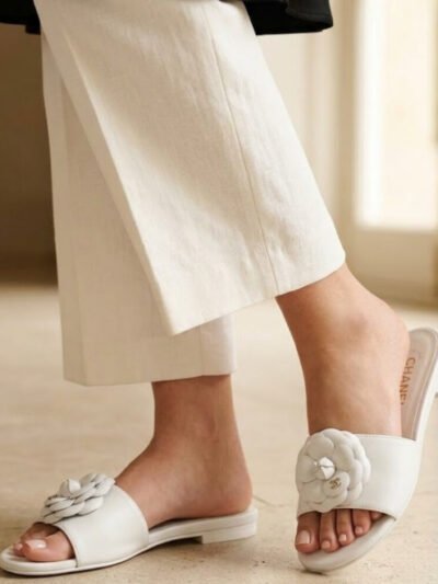 Chanel Camellia Slides White