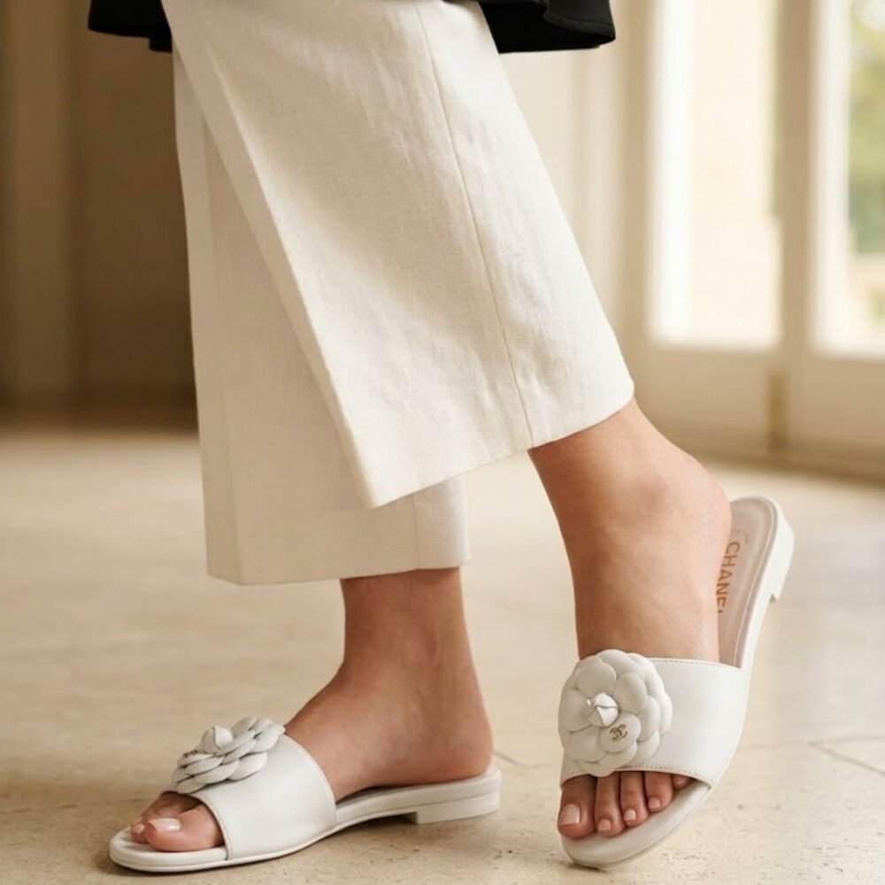 Chanel Camellia Slides White