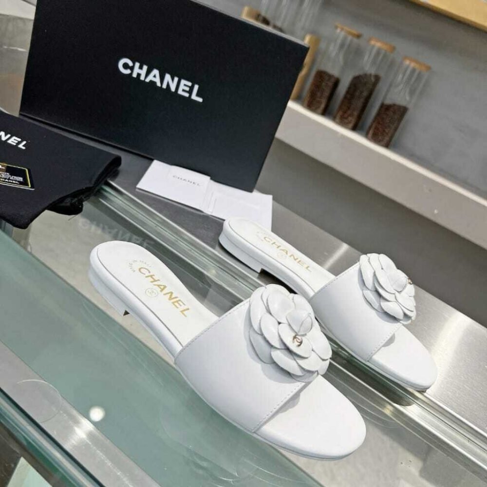 Chanel Camellia Slides White