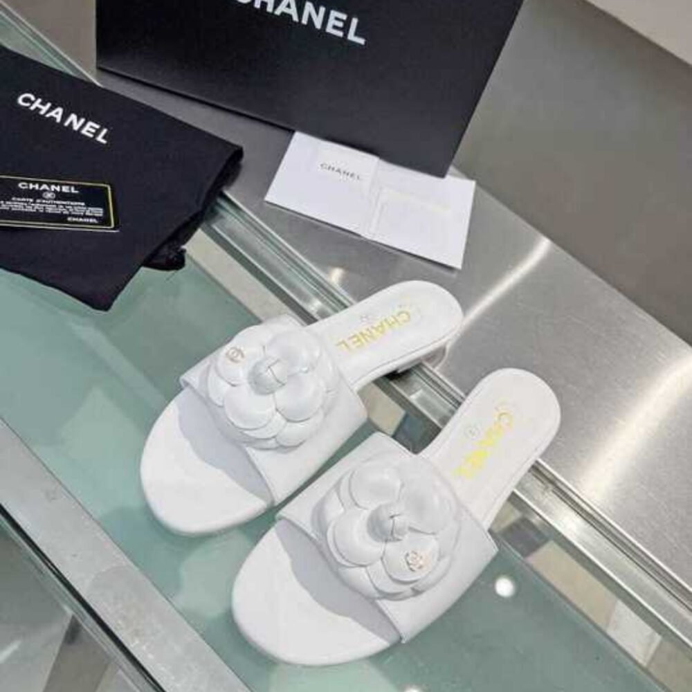Chanel Camellia Slides White