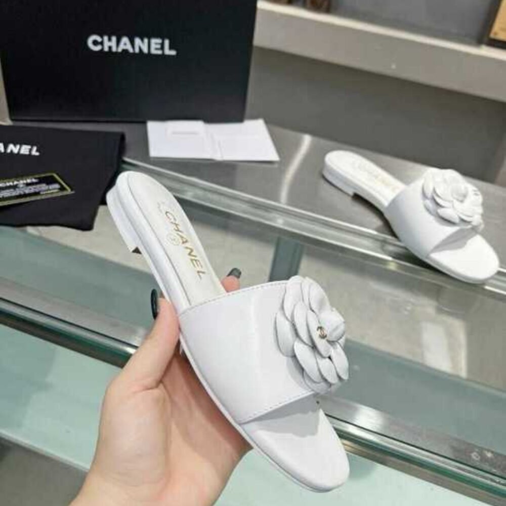Chanel Camellia Slides White