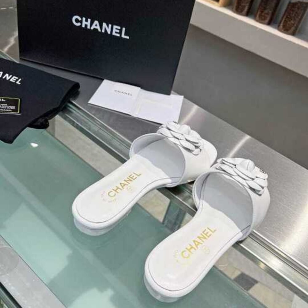 Chanel Camellia Slides White