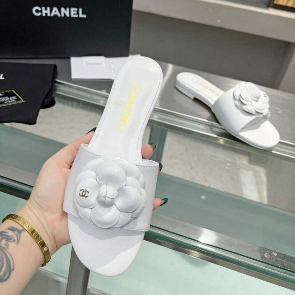 Chanel Camellia Slides White