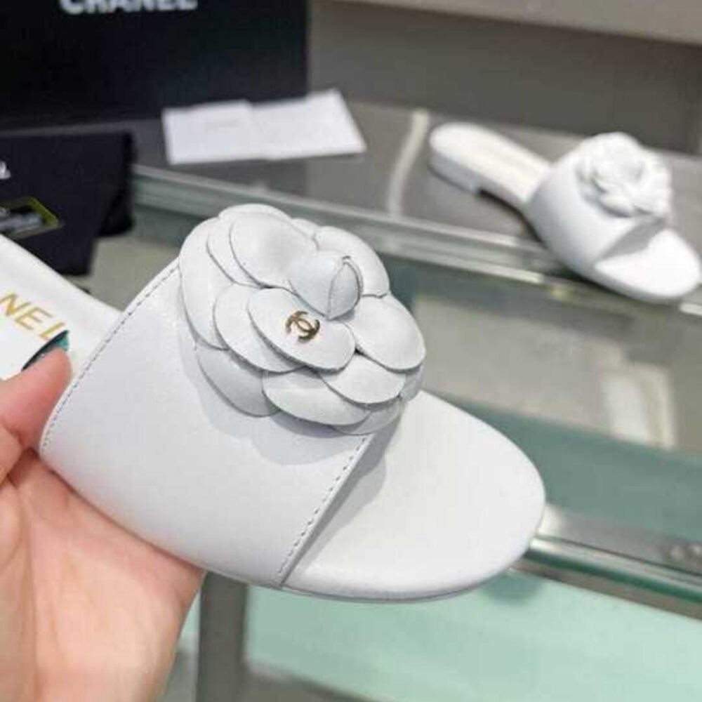 Chanel Camellia Slides White