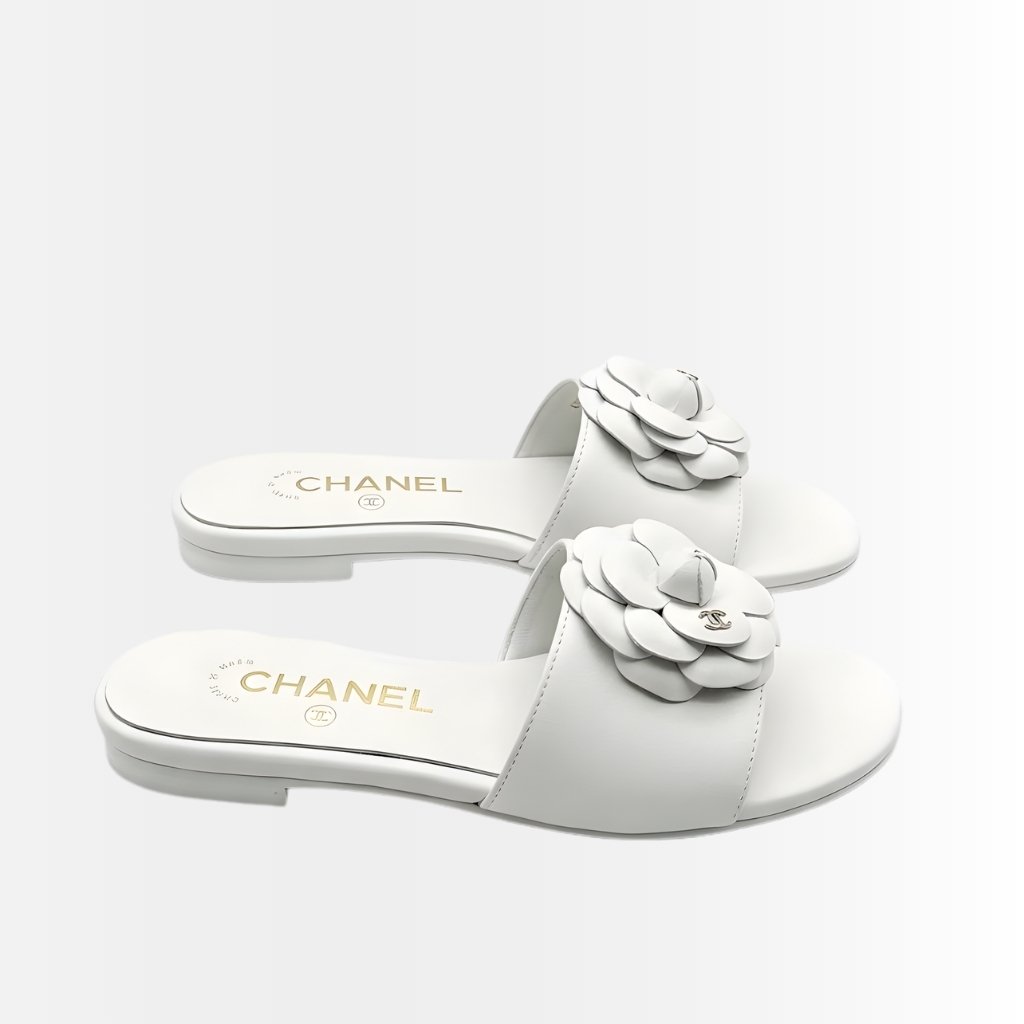 Chanel Camellia Slides White