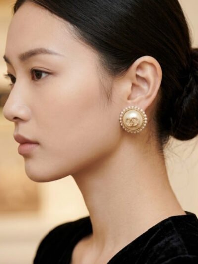 Chanel CC Button Faux Pearl Earrings Gold