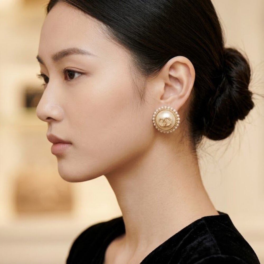 Chanel CC Button Faux Pearl Earrings Gold