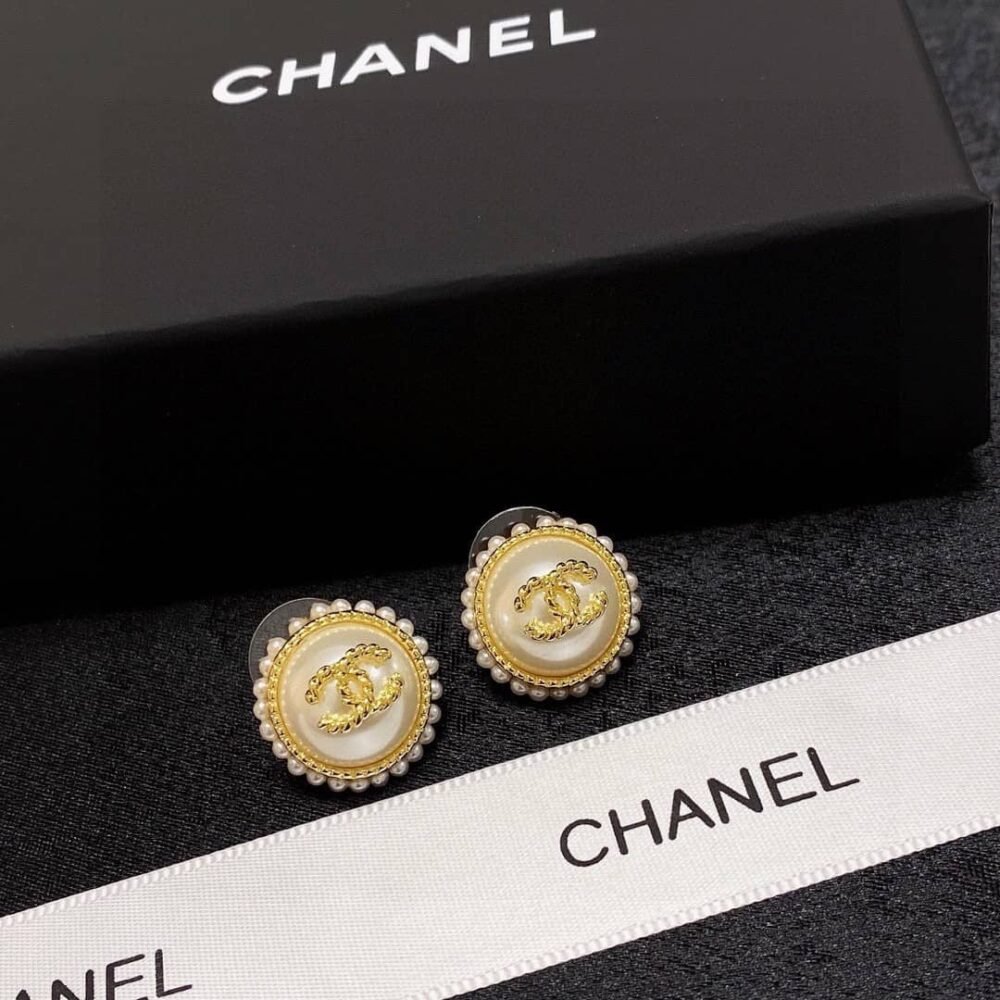 Chanel CC Button Faux Pearl Earrings Gold