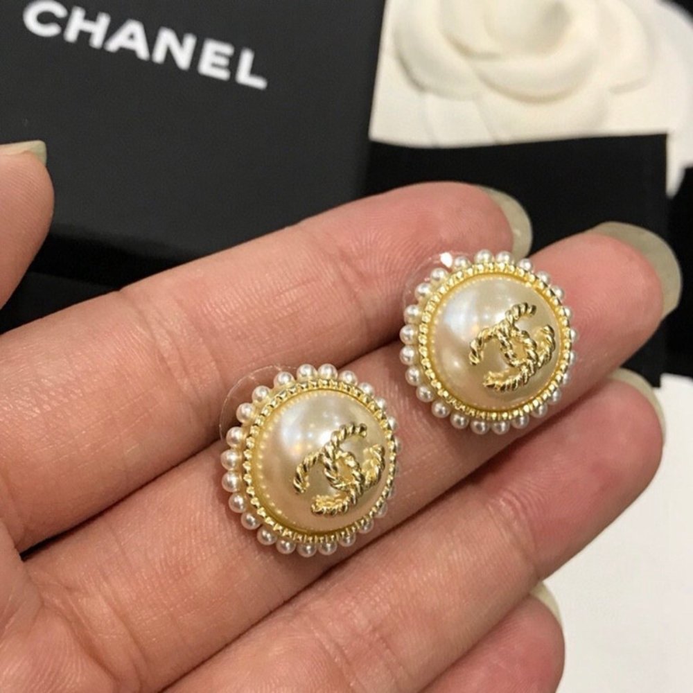 Chanel CC Button Faux Pearl Earrings Gold