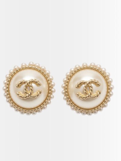 Chanel CC Button Faux Pearl Earrings Gold